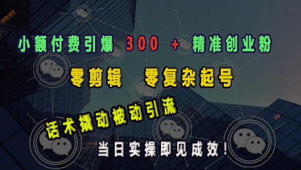 小额付费引爆 300 + 精准创业粉，零剪辑、零复杂起号，话术撬动被动引流，当日实操即见成效-爱项目