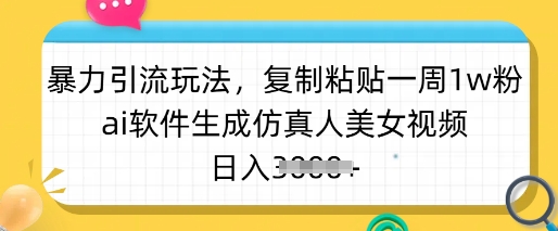 暴力引流玩法，复制粘贴一周1w粉，ai软件生成仿真人美女视频，日入多张-爱项目